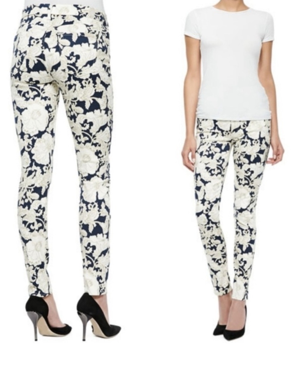 For All Mankind Floral Ankle Skinny Jeans White Navy